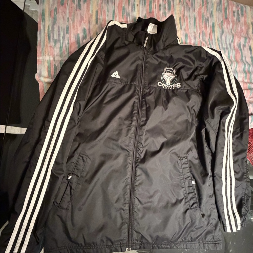 adidas Black Windbreaker Jacket with White Stripes and Team Patch